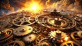 Intricate golden gears interlocking in a complex mechanical system against a dramatic, smoky, sunset backdrop. Generative AI Royalty Free Stock Photo