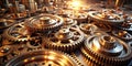 Intricate golden gears intermeshed in complex mechanical harmony. Generative AI Royalty Free Stock Photo