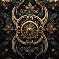 Intricate Golden Sun 3d Decorative Wallpaper With Dark Azure And Bronze Elements