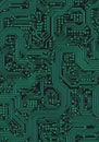 Intricate green printed circuit board (PCB) design on a black background. The pattern Royalty Free Stock Photo