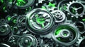 Intricate green and silver clockwork gears in motion, concept of time and mechanics Royalty Free Stock Photo