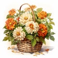 Intricate Hand-painted Cream Zinnia Bouquet In Basket - Watercolor Floral Art