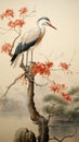 Intricate Heron On Tree: Delicate Flower And Garden Paintings