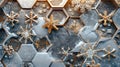 Intricate Hexagonal Snowflake Pattern on Metallic Surface Design Royalty Free Stock Photo