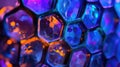 Colorful close-up of intricate hexagonal patterns with vibrant hues and reflections in a light source Royalty Free Stock Photo