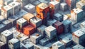 An intricate high angle isometric view of a densely packed cluster of modular cubic structures resembling a post apocalyptic urban Royalty Free Stock Photo
