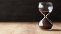 An intricate hourglass rests on a rustic wooden table, its flowing sand shimmering against the shadows of a darkened