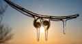 Intricate icicles shaped like quotation marks hang from a branch at sunset, artistic winter macro Royalty Free Stock Photo