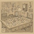 Intricate illustration of a clockmaker\'s workshop. A wooden table is cluttered with Royalty Free Stock Photo