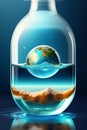 Intricate illustration, the earth in a bottle of water, floating into the sea, in space