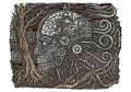 Roots and branches intertwine with the head, merging nature with technolog Royalty Free Stock Photo