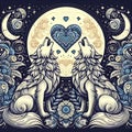 Intricate illustration featuring two stylized wolves h Royalty Free Stock Photo