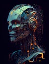 A closeup of a robots head on a black background with an intricate illustration of a city. The android is colorful with a full