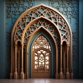 Intricate Islamic doorway with arched carving and blue background