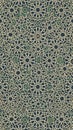 Intricate Islamic geometric pattern featuring interlocking stars and polygons in dark blue, beige, and green hues creating a Royalty Free Stock Photo