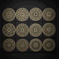Vector art of intricate islamic geometric pattern featuring twelve circular designs arranged in a grid, showcasing the beauty of Royalty Free Stock Photo