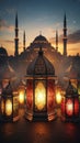 Intricate Islamic lanterns glowing with warm light in front of a silhouetted mosque at dusk with starry sky Royalty Free Stock Photo