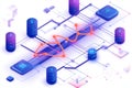 Advanced isometric digital network with glowing data lines, server units, and abstract connections. Royalty Free Stock Photo
