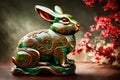 An intricate jade sculpture of a wise and tranquil rabbit, symbolizing the Chinese New Year of the Rabbit.