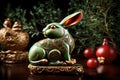 An intricate jade sculpture of a wise and tranquil rabbit, symbolizing the Chinese New Year of the Rabbit. The jade, with its