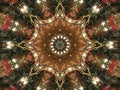 Intricate kaleidoscope pattern of lights and red and gold ornaments on Christmas tree branches Royalty Free Stock Photo