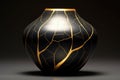 intricate kintsugi gold veins on a dark pottery piece