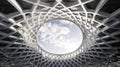 The intricate latticework of the stadium roof allowing natural light to filter through and illuminate the playing field