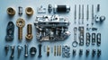 An intricate layout features various car engine components such as pistons, gears, and valves, arranged neatly and Royalty Free Stock Photo