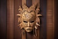 an intricate mask carved from bamboo placed against a grainy wooden background