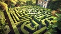 Intricate maze of neatly trimmed hedges behind a Victorian style house, complex maze, made with generative ai