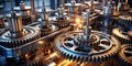 Intricate metal gears intermeshed in complex system of precision engineering. Generative AI Royalty Free Stock Photo