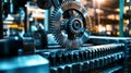 Intricate metal gears and sharp blades in dynamic motion within an industrial setting showcasing precision engineering