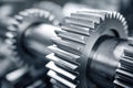 Close-up view of interconnected shiny steel gears with precise teeth engaged for mechanical power transmission in industrial Royalty Free Stock Photo