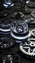 Intricate metallic gears and cogs interlocked and illuminated by bright white light creating a complex mechanical system with a Royalty Free Stock Photo