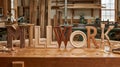 Intricate Millwork Letters Displayed on a Wooden Workbench in a Workshop Royalty Free Stock Photo