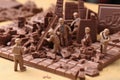 Intricate Miniature builders on chocolate bar macro food. Generate Ai