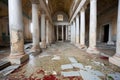 intricate mosaic floor in ancient ruins, surrounded by broken columns and debris