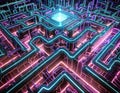 An intricate neon lit maze symbolizing network defense against malicious intrusions
