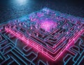 An intricate neon lit maze symbolizing network defense against malicious intrusions