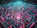 An intricate neon lit maze symbolizing network defense against malicious intrusions