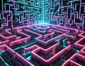 An intricate neon lit maze symbolizing network defense against malicious intrusions