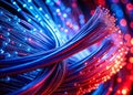 Intricate Network of Blue and Red Fiber Optic Cables A CloseUp Documentary View into Data Transmission Royalty Free Stock Photo