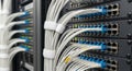 Intricate network cabling arrangement showcasing a complex web of ethernet connections within a server rack Royalty Free Stock Photo
