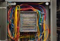Intricate network of colorful wires in a server panel. AI Generated Royalty Free Stock Photo