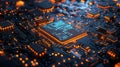 Futuristic Circuit Board with Glowing Pathways, Technology Integration, Advanced Computing, and Motherboard Components, Data Flow