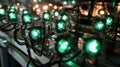 An intricate network of connected sensors mounted on manufacturing equipment with blinking LED lights indicating active
