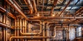 Intricate network of copper pipes against a brick wall in an industrial setting. Generative AI Royalty Free Stock Photo