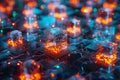 An intricate network of digital circuits, highlighted by bright, glowing nodes that create a Royalty Free Stock Photo
