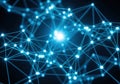 Intricate network of glowing blue nodes and interconnected pathways in digital space Royalty Free Stock Photo
