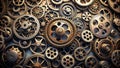 Intricate network of golden gears a detailed composition of interlocking mechanical components. Generative AI Royalty Free Stock Photo
